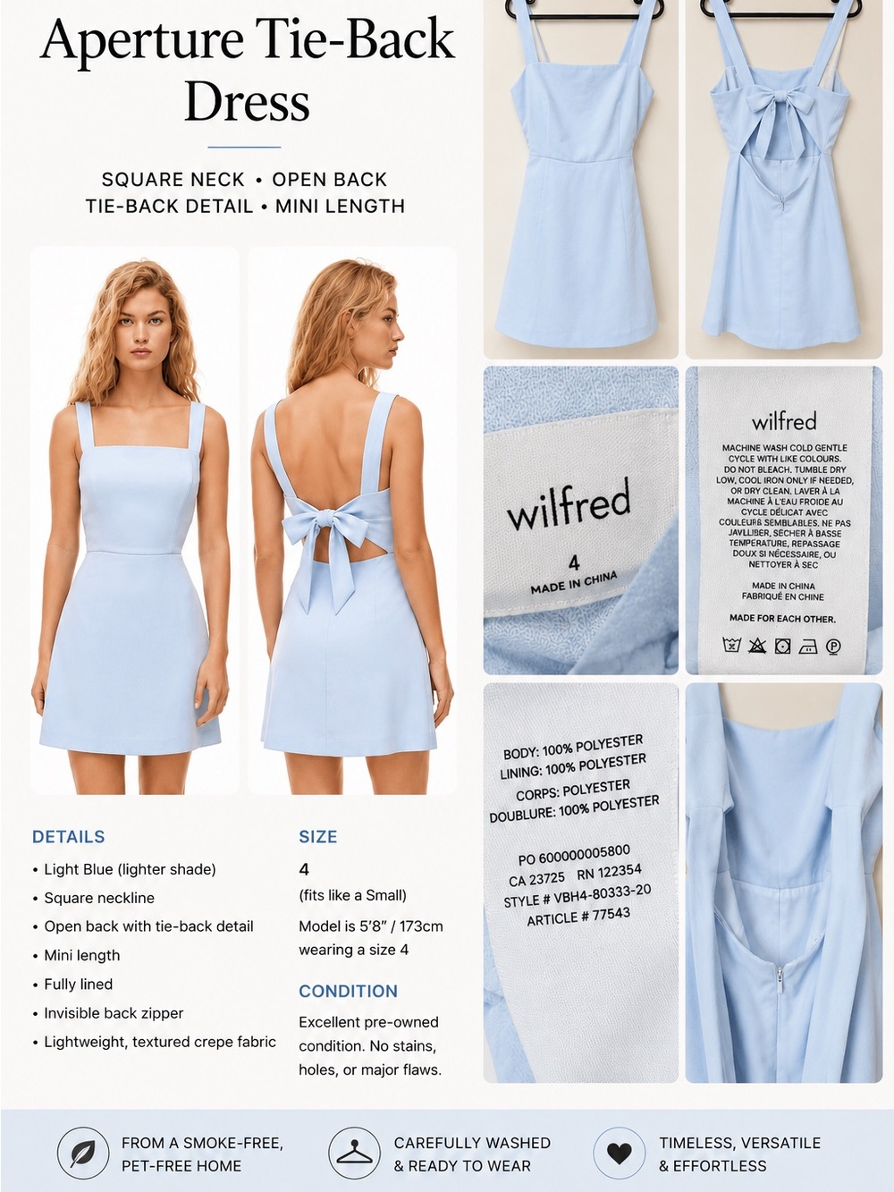 Aritzia Wilfred Aperture Tie-Back Mini Dress Light Blue Size 4
